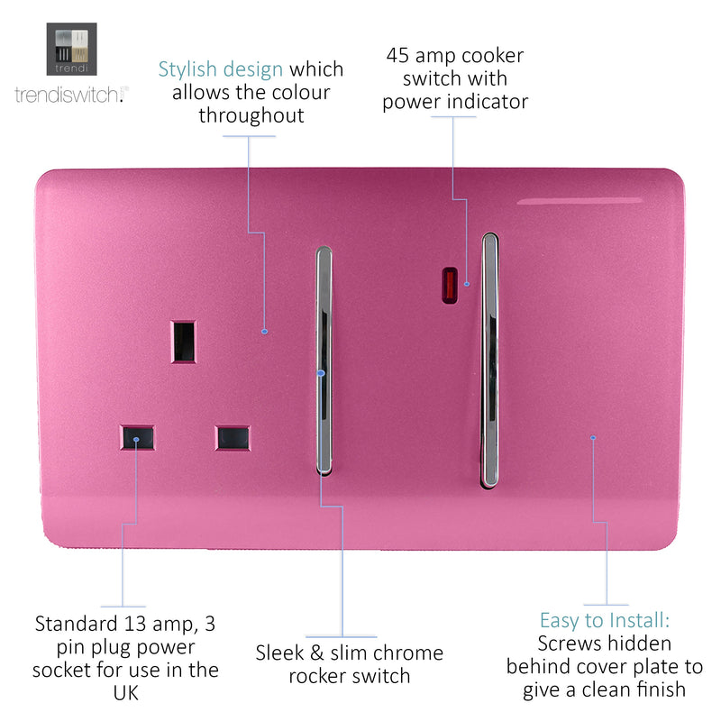 Trendi, Artistic Modern Cooker Control Panel 13amp with 45amp Switch Pink Finish, BRITISH MADE, (47mm Back Box Required), 5yrs Warranty • ART-WHS213PK
