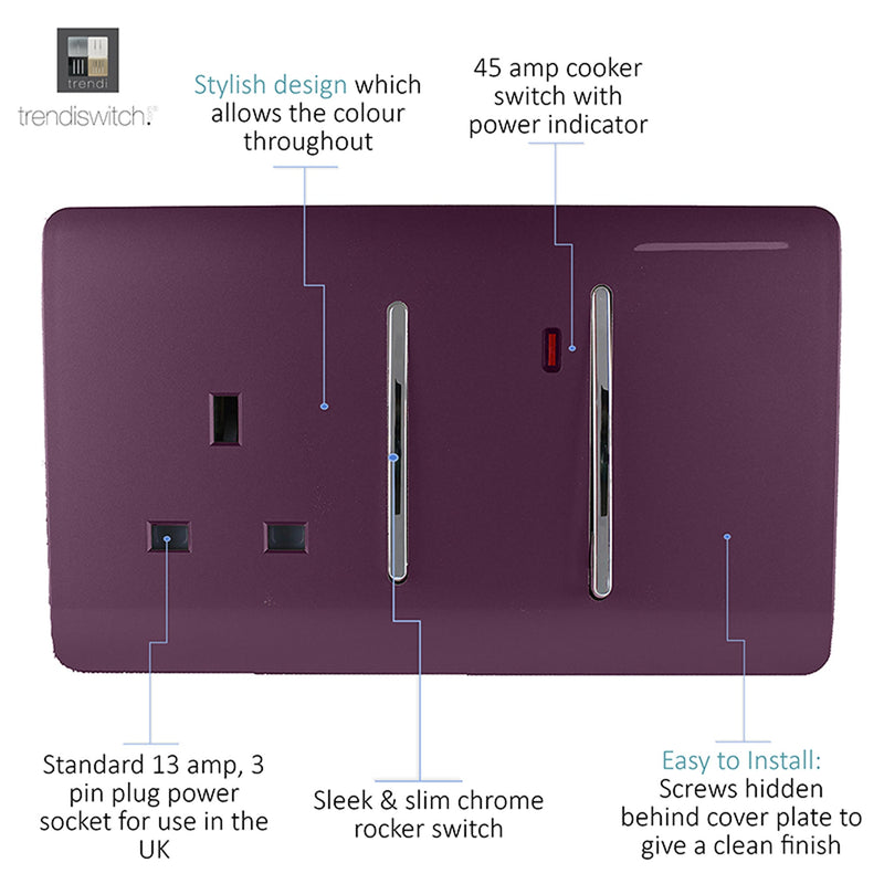 Trendi, Artistic Modern Cooker Control Panel 13amp with 45amp Switch Plum Finish, BRITISH MADE, (47mm Back Box Required), 5yrs Warranty • ART-WHS213PL