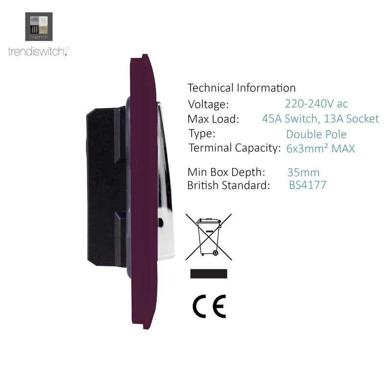 Trendi, Artistic Modern Cooker Control Panel 13amp with 45amp Switch Plum Finish, BRITISH MADE, (47mm Back Box Required), 5yrs Warranty • ART-WHS213PL