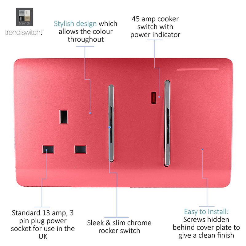 Trendi, Artistic Modern Cooker Control Panel 13amp with 45amp Switch Strawberry Finish, BRITISH MADE, (47mm Back Box Required), 5yrs Warranty • ART-WHS213SB