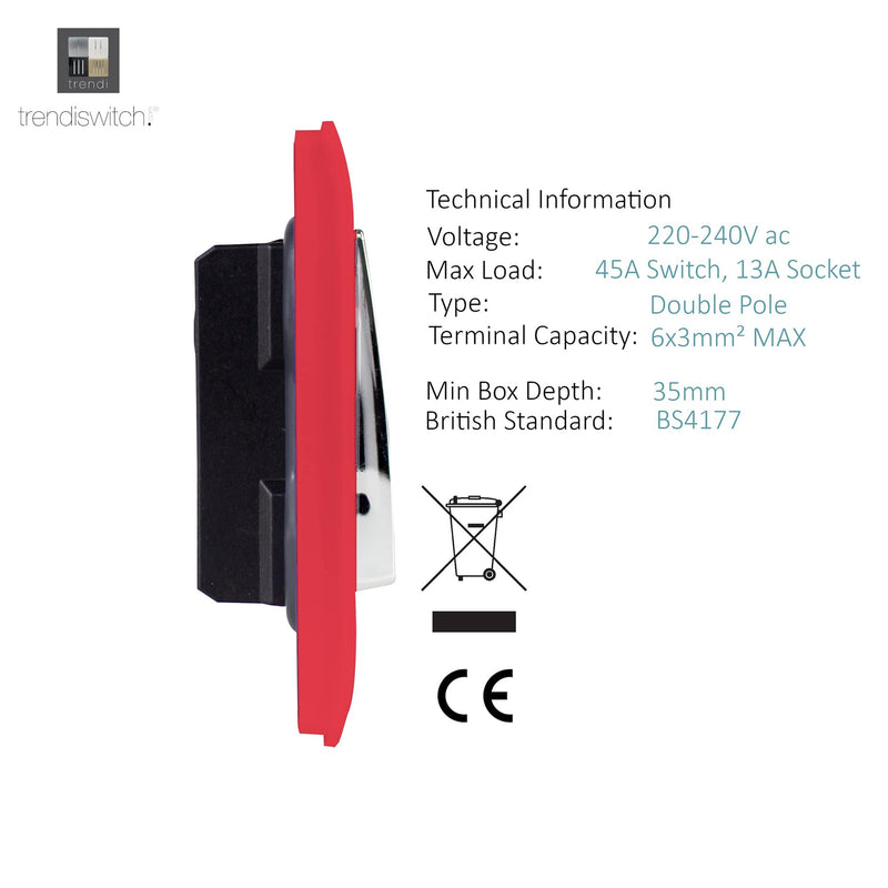 Trendi, Artistic Modern Cooker Control Panel 13amp with 45amp Switch Strawberry Finish, BRITISH MADE, (47mm Back Box Required), 5yrs Warranty • ART-WHS213SB