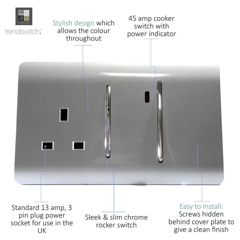 Trendi, Artistic Modern Cooker Control Panel 13amp with 45amp Switch Silver Finish, BRITISH MADE, (47mm Back Box Required), 5yrs Warranty • ART-WHS213SI
