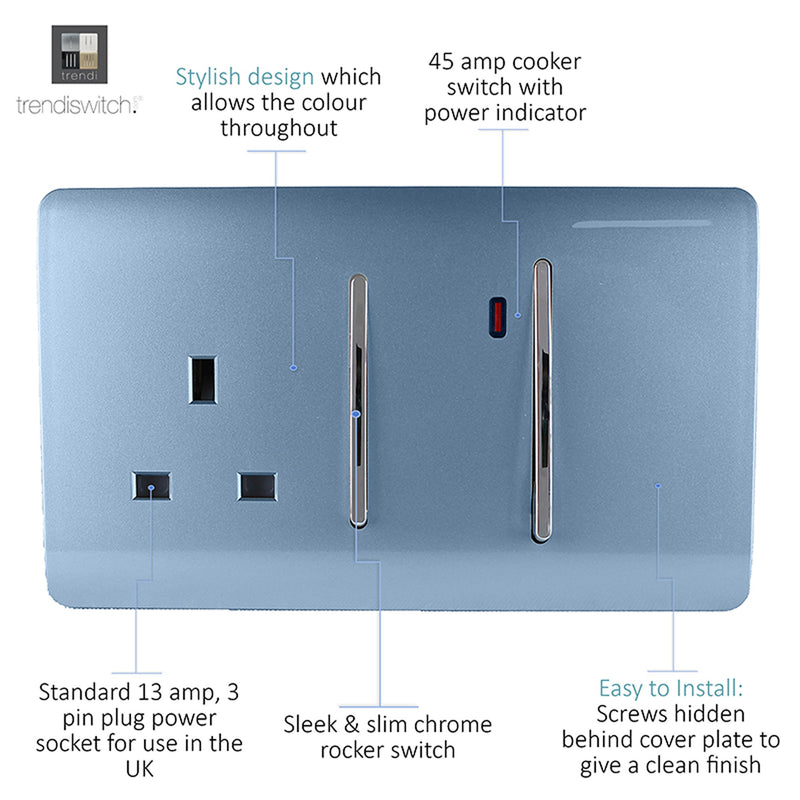 Trendi, Artistic Modern Cooker Control Panel 13amp with 45amp Switch Sky Finish, BRITISH MADE, (47mm Back Box Required), 5yrs Warranty • ART-WHS213SK