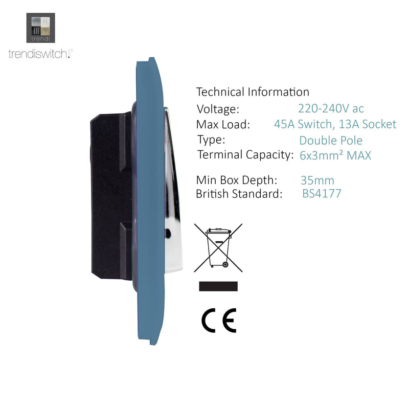 Trendi, Artistic Modern Cooker Control Panel 13amp with 45amp Switch Sky Finish, BRITISH MADE, (47mm Back Box Required), 5yrs Warranty • ART-WHS213SK