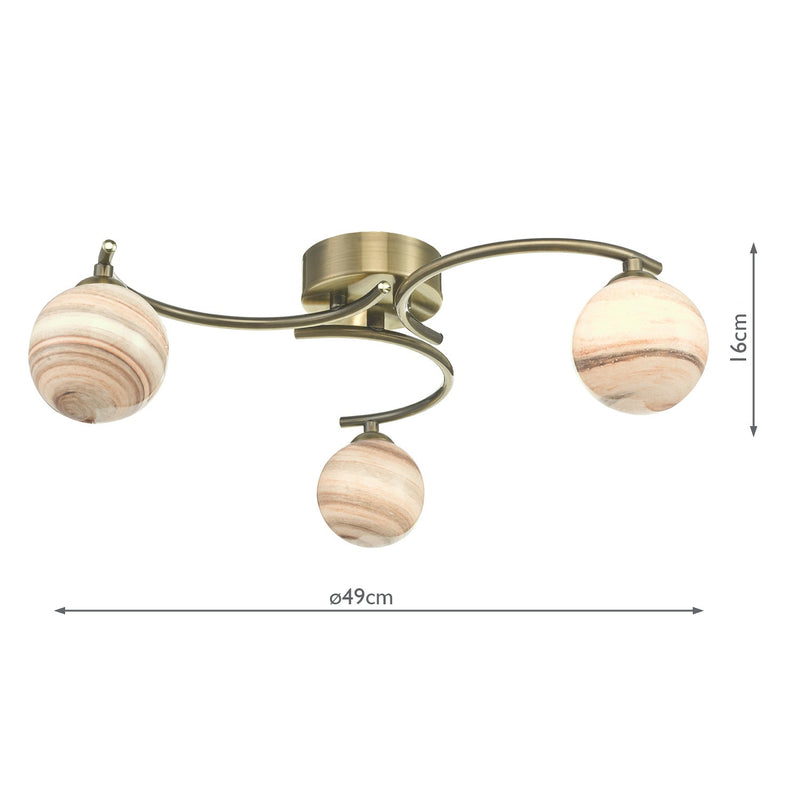 Dar Lighting Atiya 3 Light Semi Flush Antique Brass With Planet Style Glass • ATI5375-07