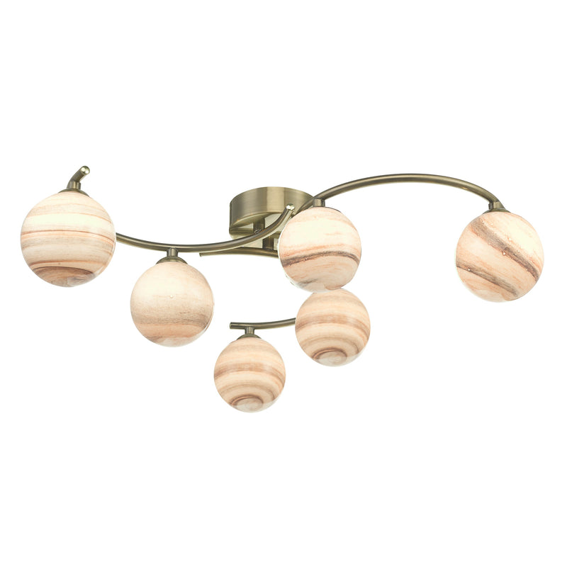 Dar Lighting Atiya 6 Light Semi Flush Antique Brass With Planet style Glass • ATI6475-07