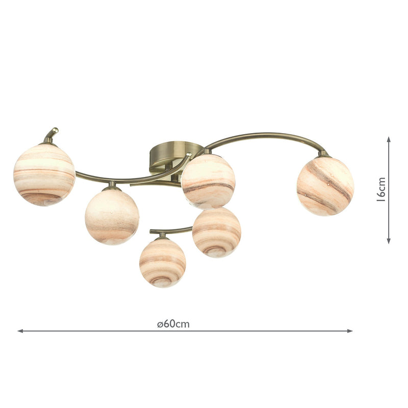 Dar Lighting Atiya 6 Light Semi Flush Antique Brass With Planet style Glass • ATI6475-07