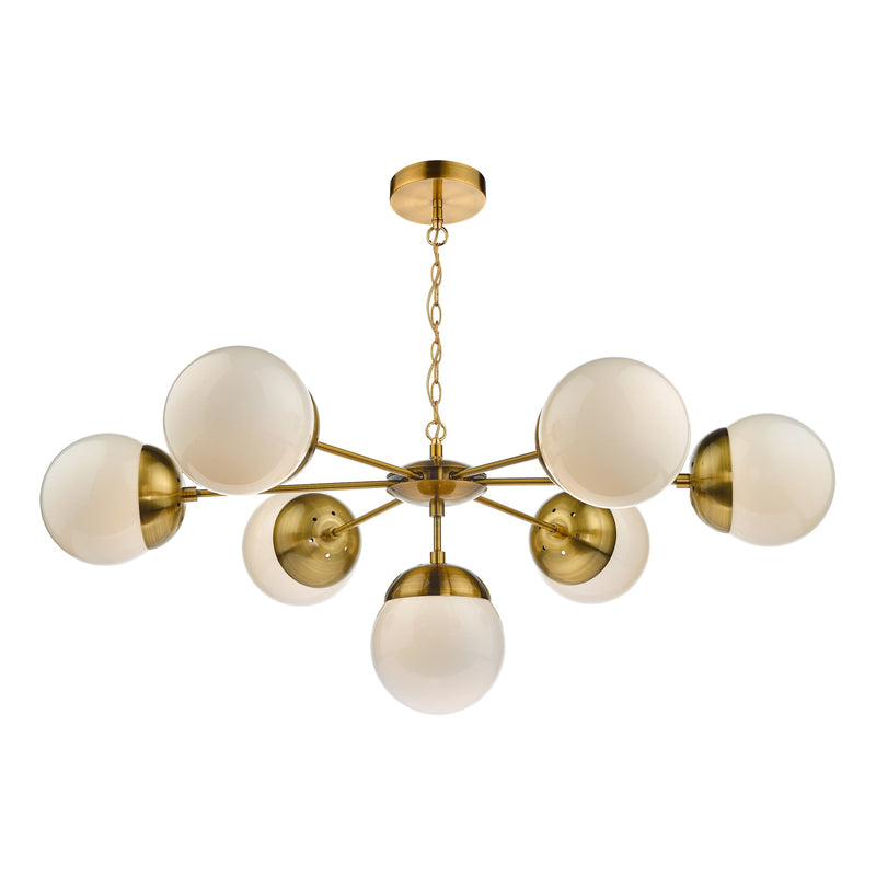 Dar Lighting Bombazine 7 Light Pendant Natural Brass & White Opal Glass • BOM3435