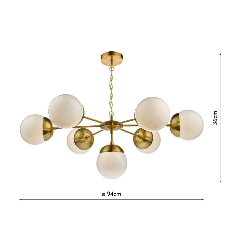 Dar Lighting Bombazine 7 Light Pendant Natural Brass & White Opal Glass • BOM3435