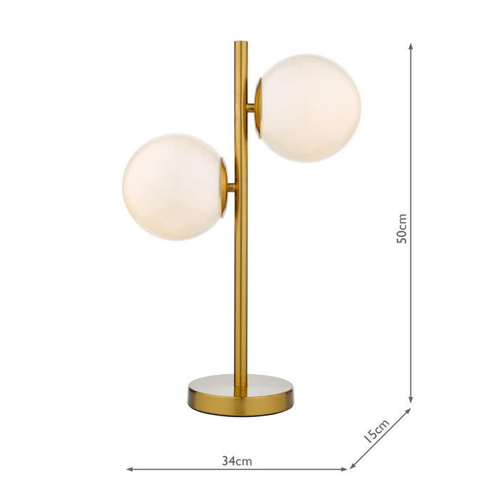 Dar Lighting Bombazine 2 Light Table Lamp Natural Brass Opal Glass • BOM4235