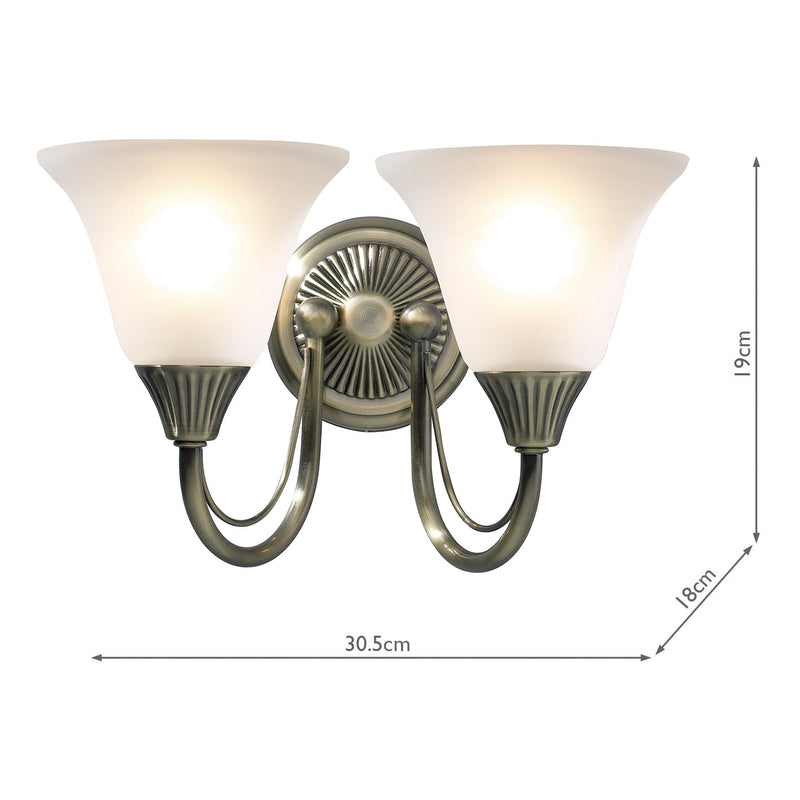 Dar Lighting Boston 2 Light Wall Light Antique Brass Opaque Glass • BOS09