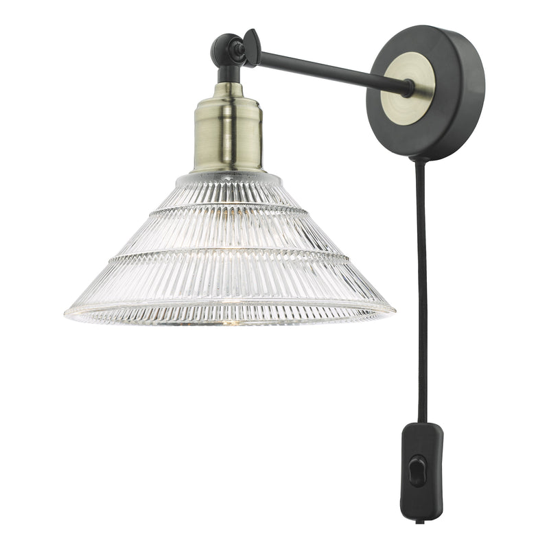 Dar Lighting Boyd Single Wall Light Antique Brass & Matt Black With Ribbed Glass Shade - Plug In • BOY0775