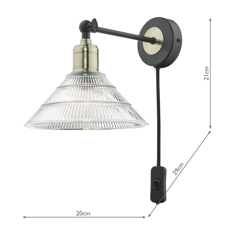Dar Lighting Boyd Single Wall Light Antique Brass & Matt Black With Ribbed Glass Shade - Plug In • BOY0775