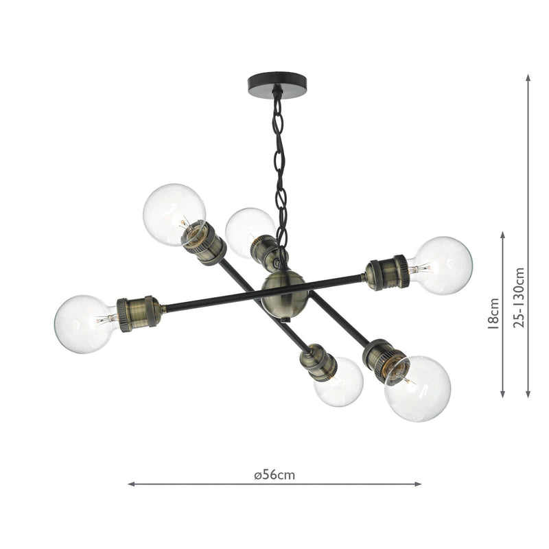 Dar Lighting Brigade 6 Light Pendant Black & Antique Brass • BRI0654