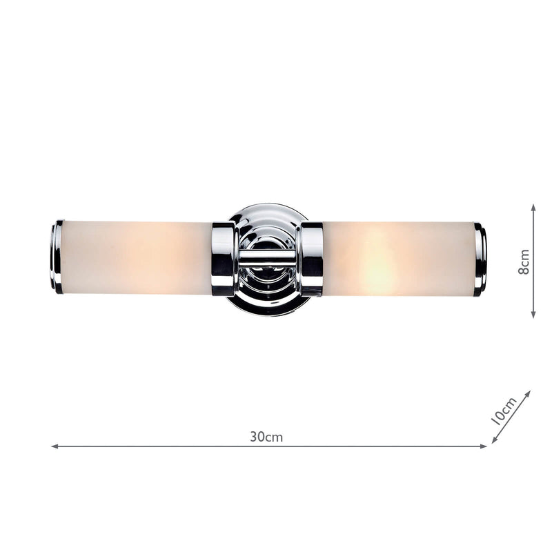 Dar Lighting Century Bathroom 2 Light Wall Light Polished Chrome Opal Glass IP44 • CEN0950