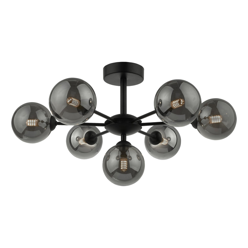 Dar Lighting Cohen 7 Light Semi Flush Matt Black Smoked Glass • COH3422-01
