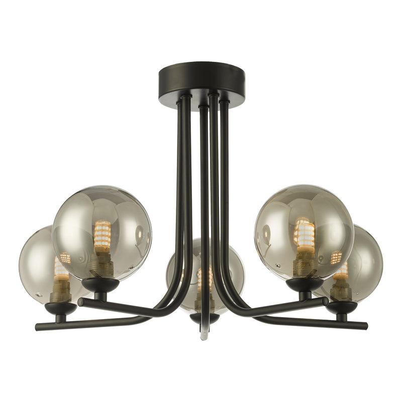 Dar Lighting Cradle 5 Light Semi Flush Matt Black Smoked Glass • CRA5422-01