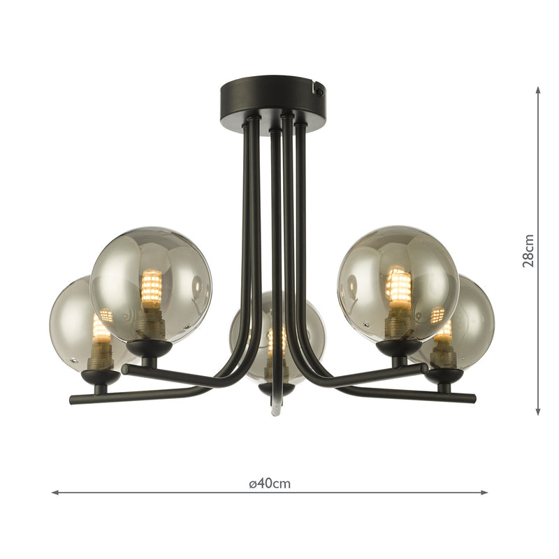 Dar Lighting Cradle 5 Light Semi Flush Matt Black Smoked Glass • CRA5422-01