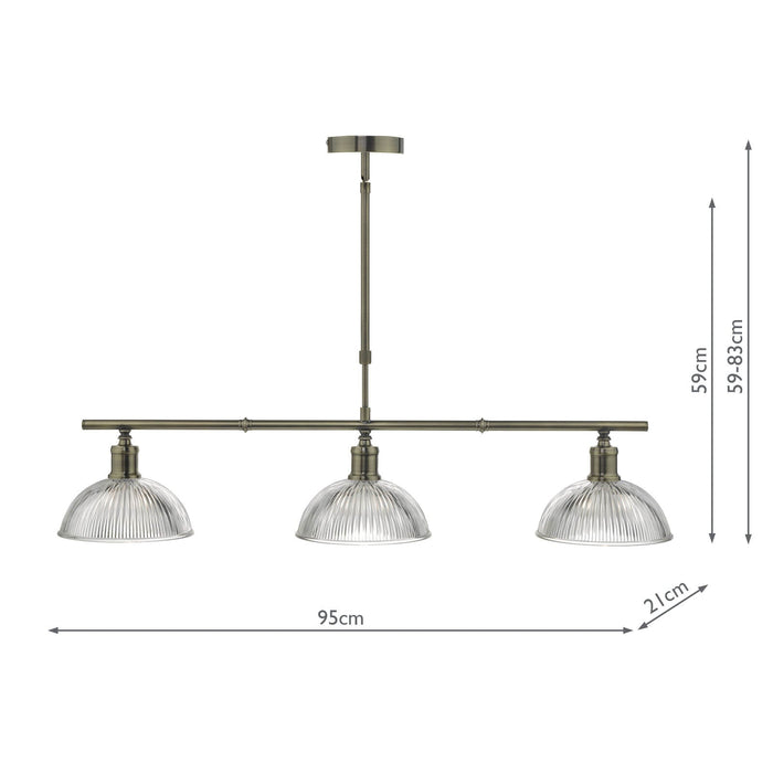 Dar Lighting Dara 3 Light Bar Pendant Antique Brass & Glass • DAR0375