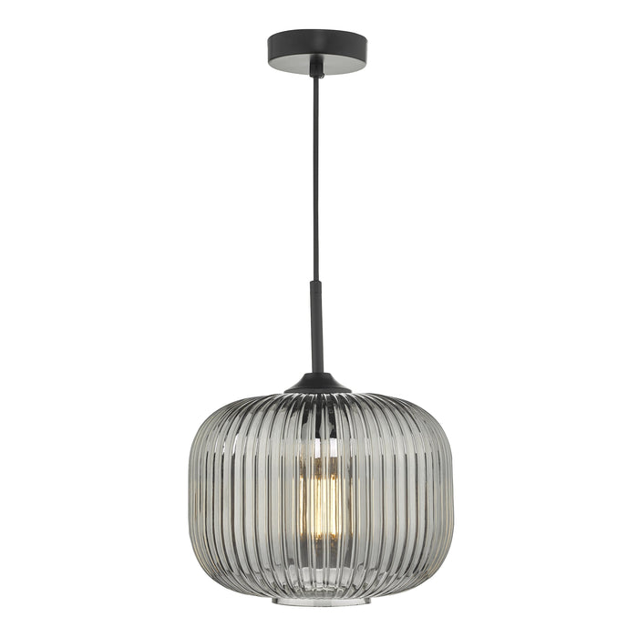 Dar Lighting Demarius 1 Light Pendant Black and Smoked Glass • DEM0110