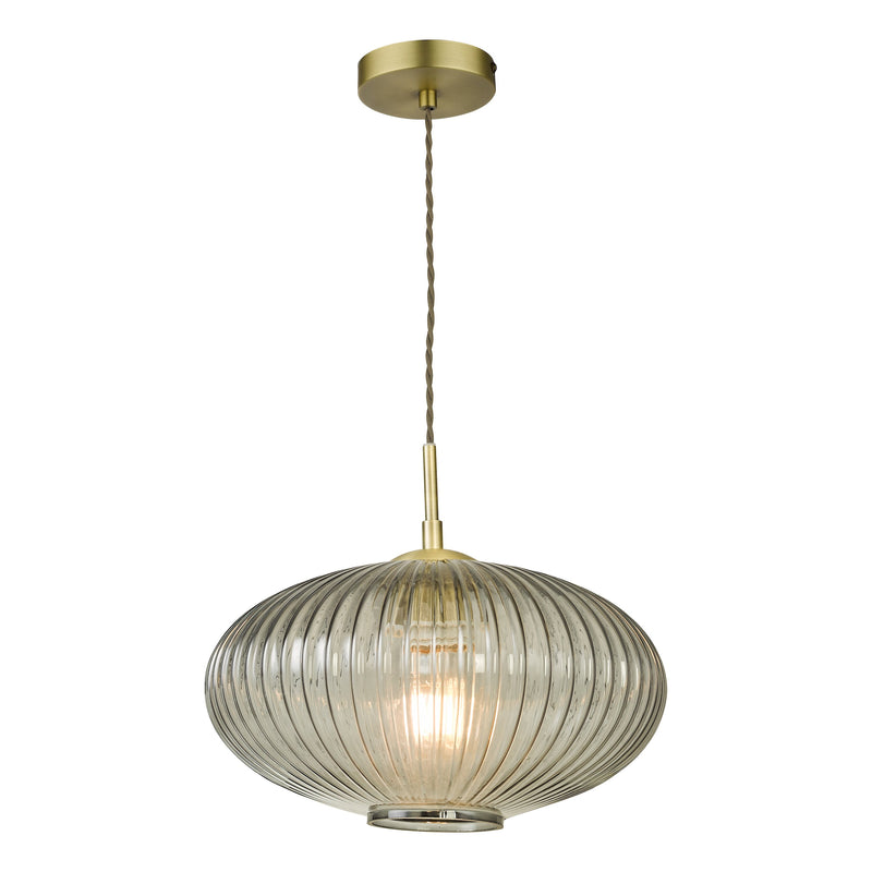 Dar Lighting Edmond 1 Light Pendant Smoked Glass Antique Brass Detail • EDM0175