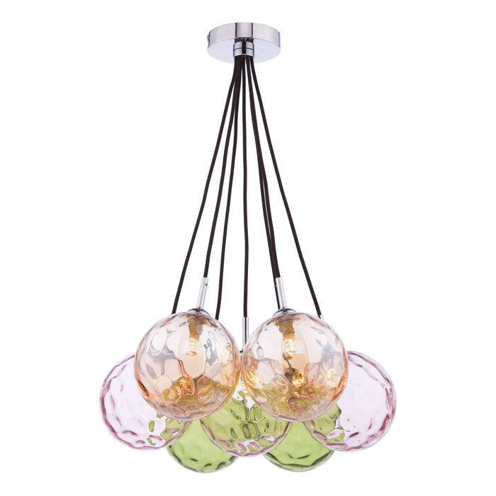 Dar Lighting Elpis 7 Light Cluster Pendant Polished Chrome Mixed Coloured Dimpled 150mm Glass • ELP342-MIX