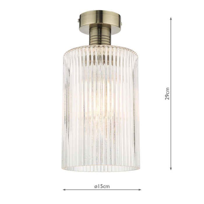 Dar Lighting Emerson Semi Flush Antique Brass Cylinder Ribbed Glass • EME4875-E01