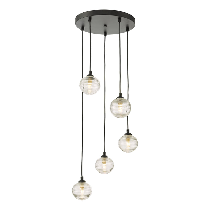 Dar Lighting Federico 5 Light Cluster Pendant Black Clear Ribbed Glass • FED0522-08