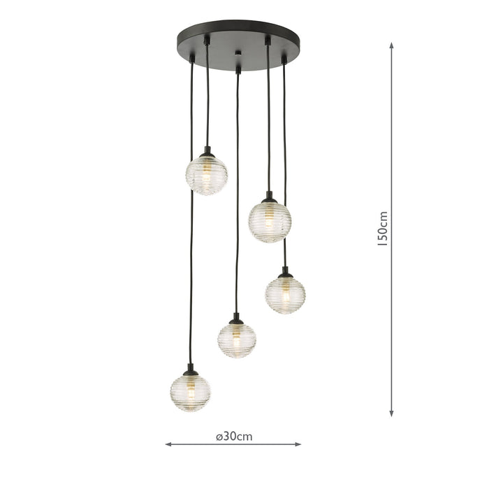 Dar Lighting Federico 5 Light Cluster Pendant Black Clear Ribbed Glass • FED0522-08