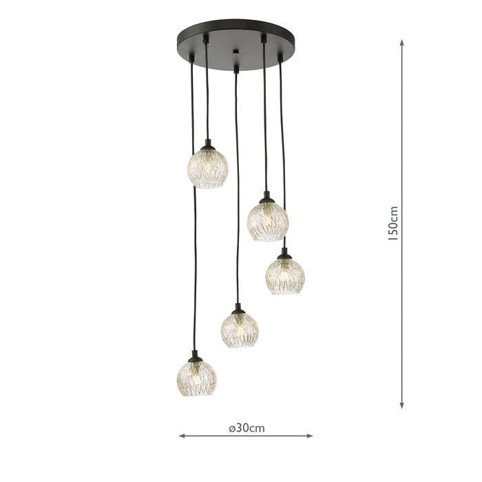 Dar Lighting Federico 5 Light Cluster Pendant Black Clear/Wire Glass • FED0522-09