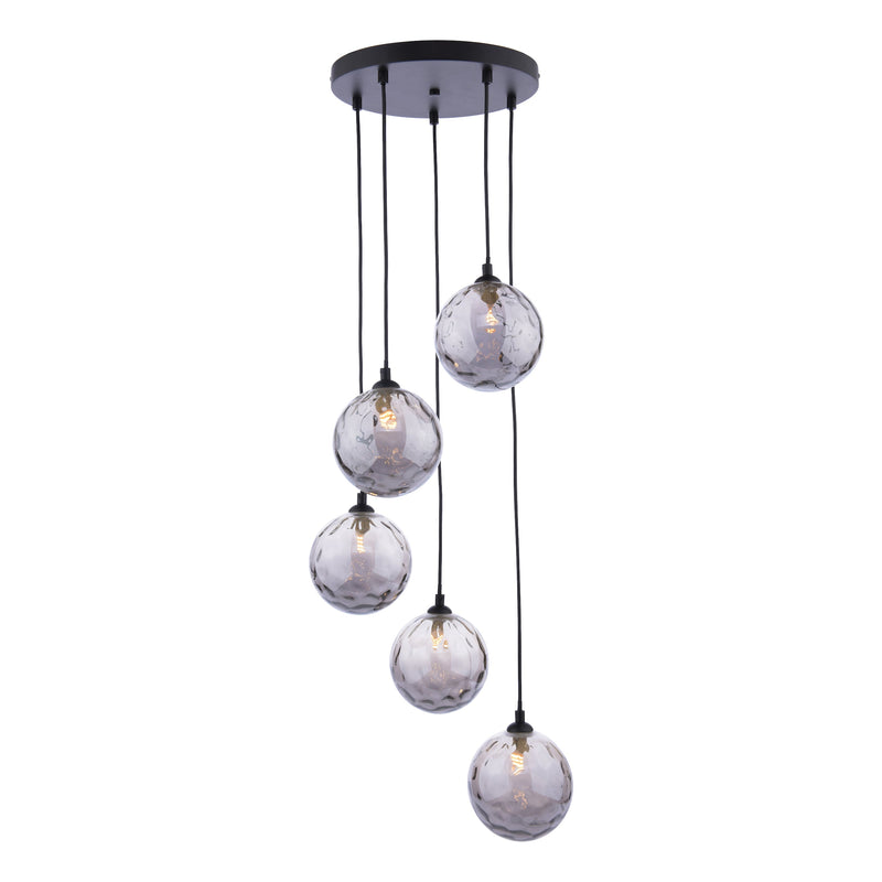 Dar Lighting Federico 5 Light Cluster Pendant Matt Black Smoked Dimpled 150mm Glass • FED0522-10
