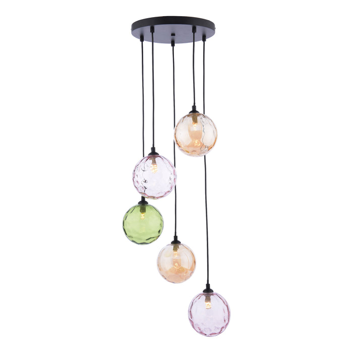 Dar Lighting Federico 5 Light Cluster Pendant Matt Black Mixed Coloured Dimpled 150mm Glass • FED0522-MIX