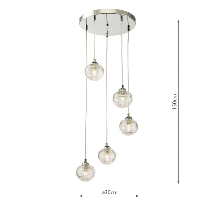 Dar Lighting Federico 5 Light Cluster Pendant Polished Chrome Clear Ribbed Glass • FED0550-08