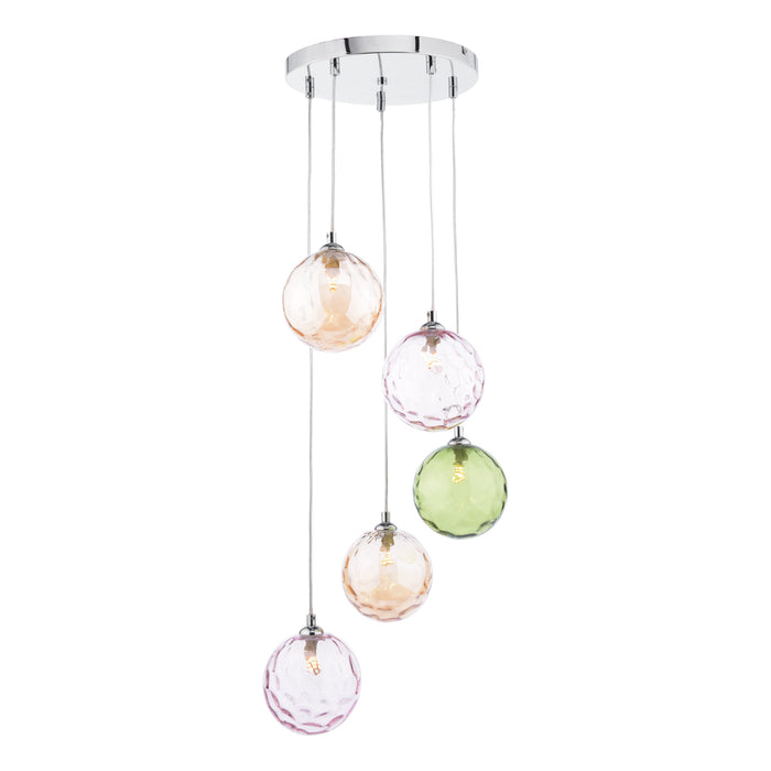Dar Lighting Federico 5 Light Cluster Pendant Polished Chrome Mixed Coloured Dimpled 150mm Glass • FED0550-MIX