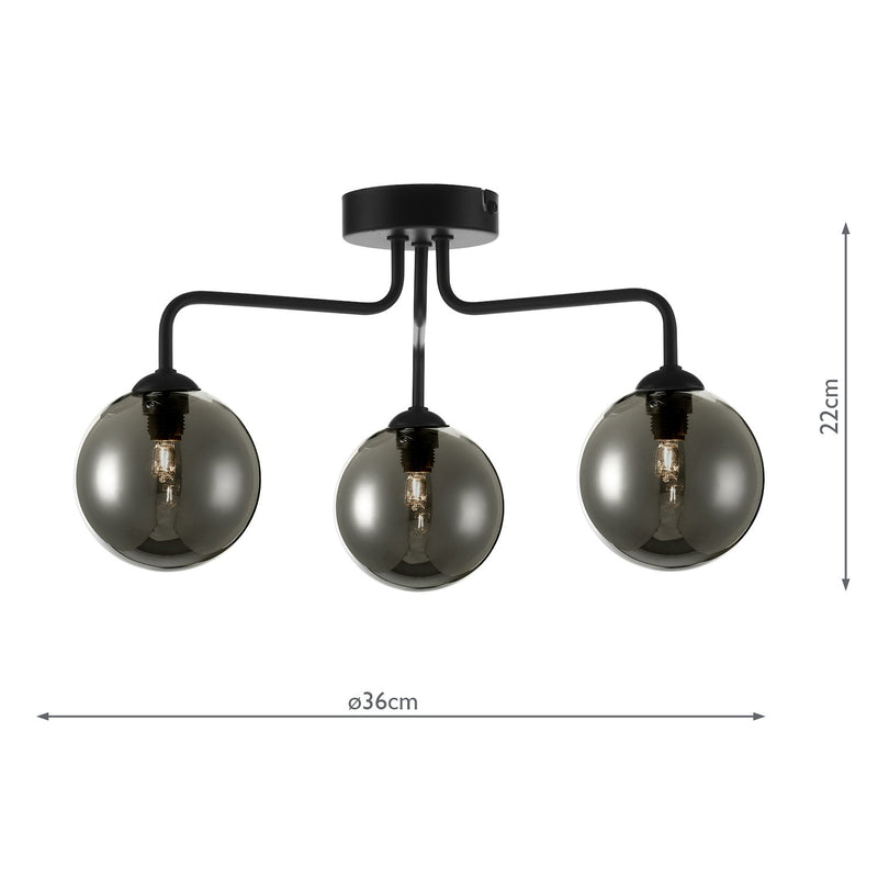 Dar Lighting Feya 3 Light Semi Flush Matt Black Smoked Glass • FEY0322-01