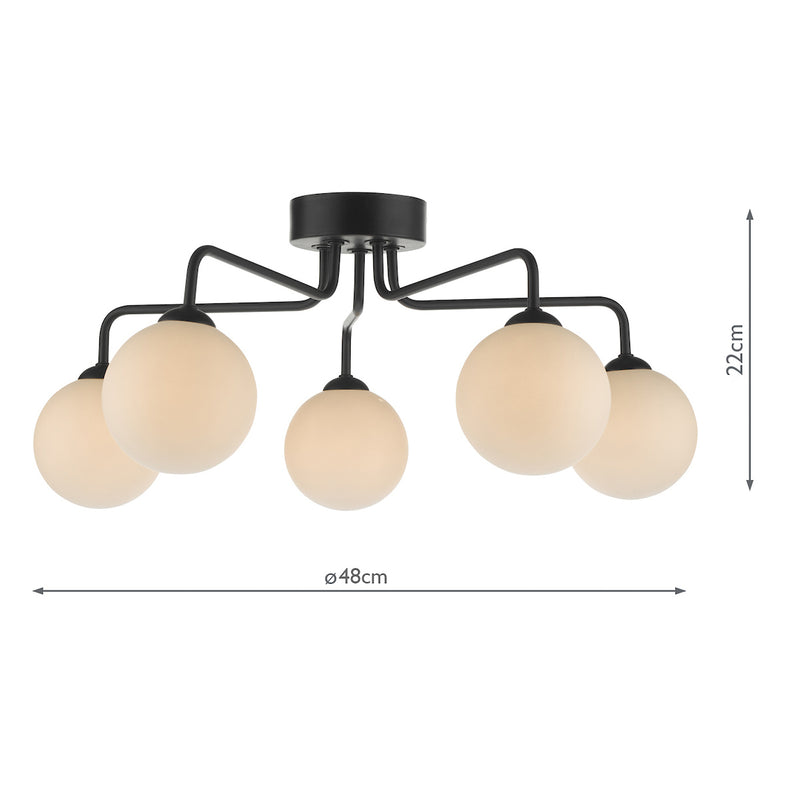 Dar Lighting Feya 5 Light Semi Flush Matt Black Opal Glass • FEY0522-02