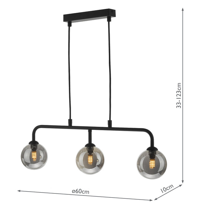 Dar Lighting Feya 3 Light Bar Pendant Matt Black Smoked Glass • FEY6222-01