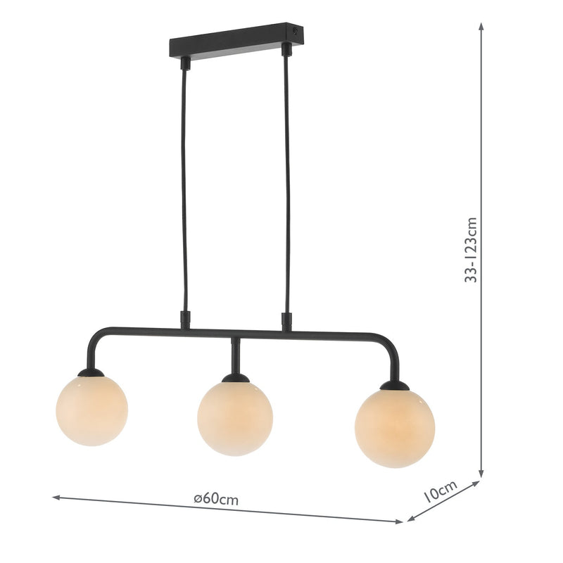 Dar Lighting Feya 3 Light Bar Pendant Matt Black Opal Glass • FEY6222-02