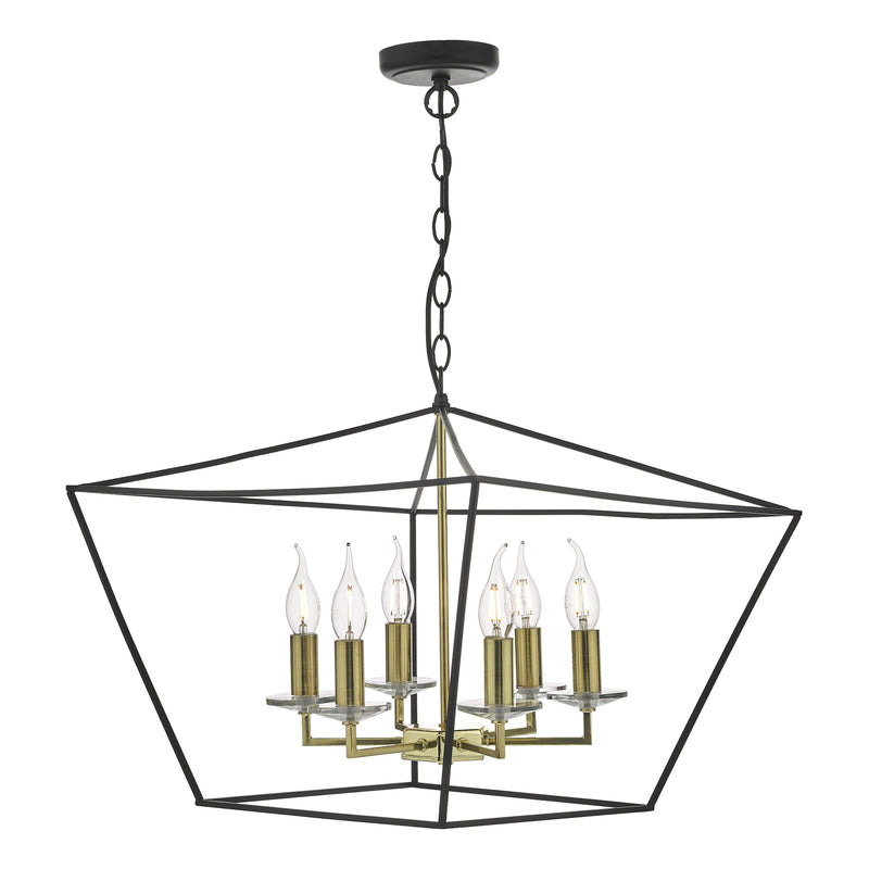 Dar Lighting Gretchen Cage 6 Light Pendant Matt Black & Polished Brass • GRE0654