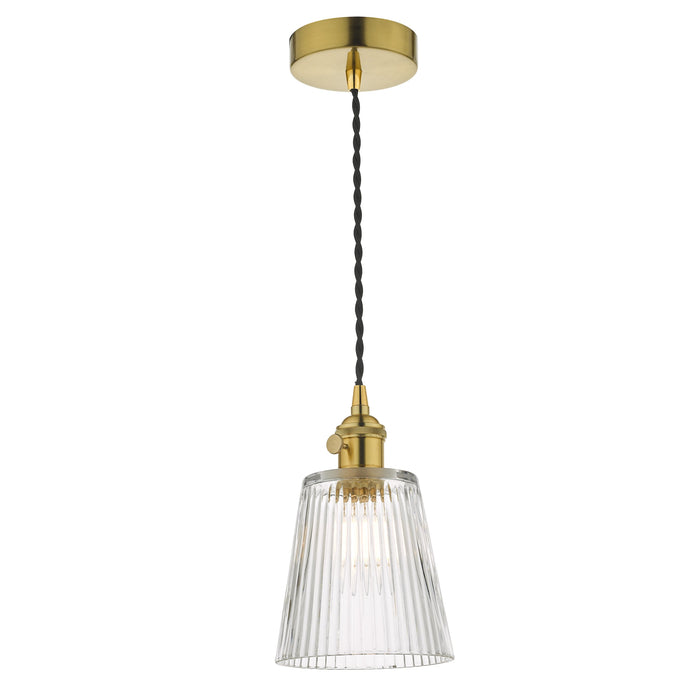 Dar Lighting Hadano Pendant Natural Brass With Ribbed Glass Shade • HAD0140-05