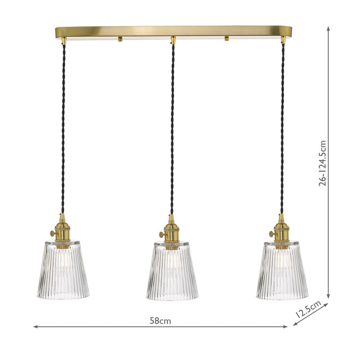 Dar Lighting Hadano 3 Light Brass Suspension With Ribbed Glass Shades • HAD3640-05