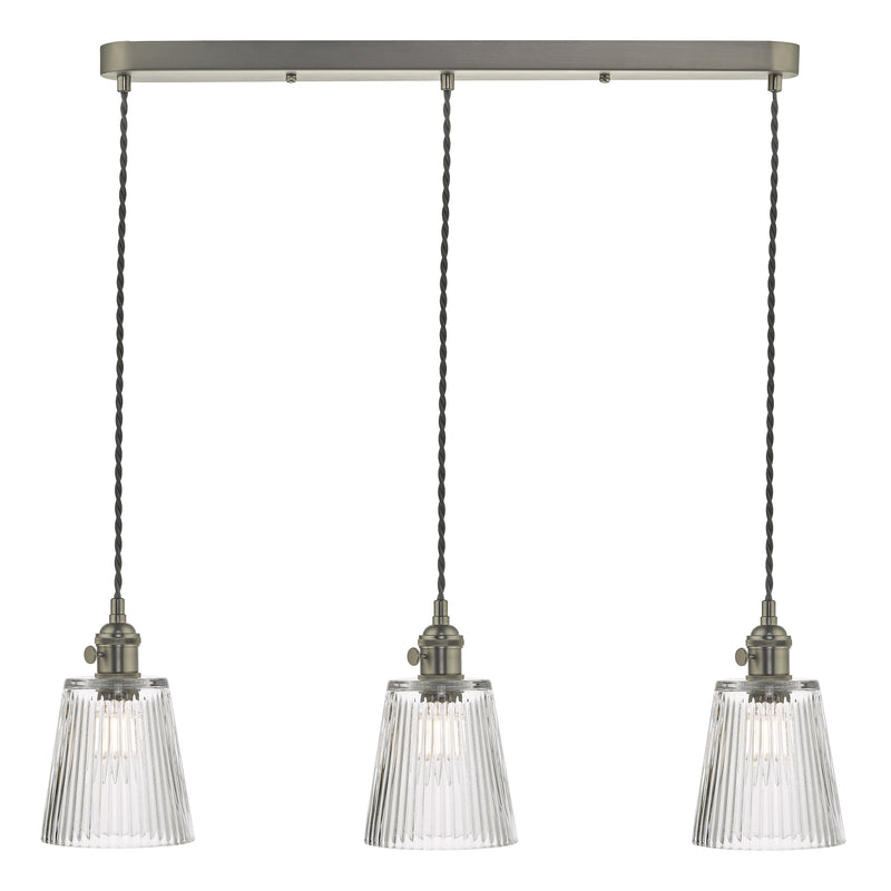 Dar Lighting Hadano 3 Light Antique Chrome Suspension With Ribbed Glass Shades • HAD3661-05