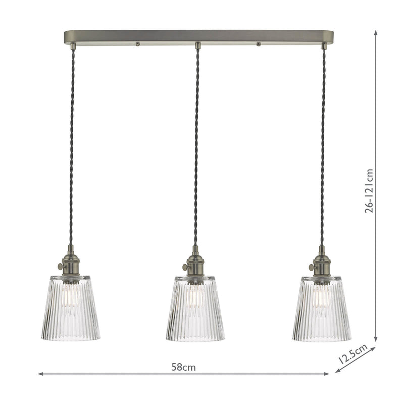 Dar Lighting Hadano 3 Light Antique Chrome Suspension With Ribbed Glass Shades • HAD3661-05