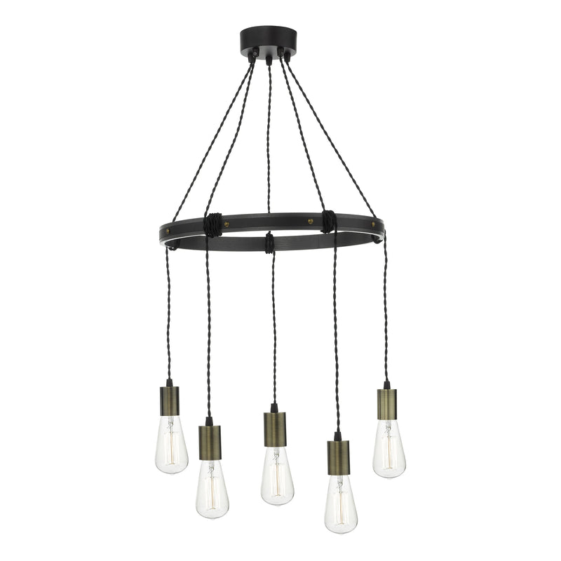 Dar Lighting Ivan 5 Light Pendant Rustic Wood Aged Brass Detail • IVA0531