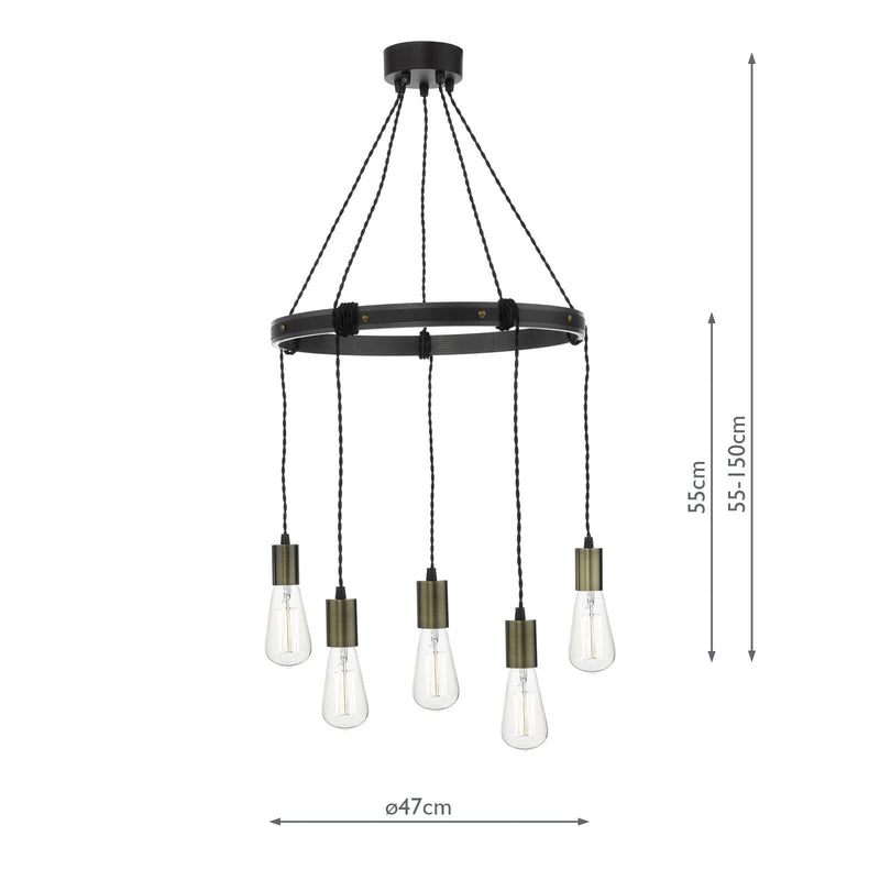 Dar Lighting Ivan 5 Light Pendant Rustic Wood Aged Brass Detail • IVA0531