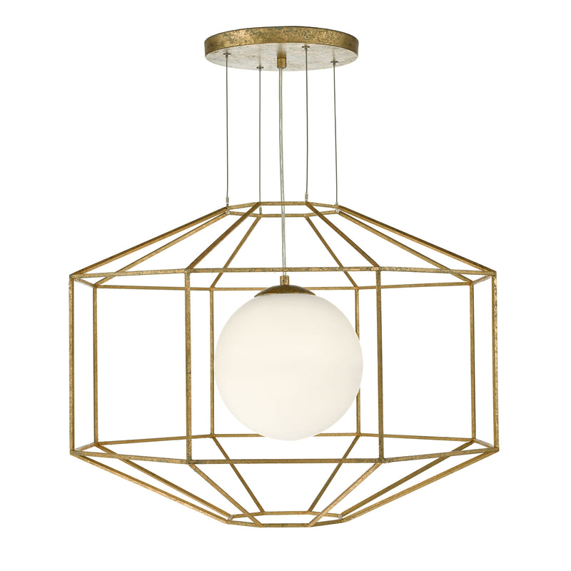 Dar Lighting Izmir 1 Light Pendant Hexagonal Old Gold Frame Opal Glass • IZM0135