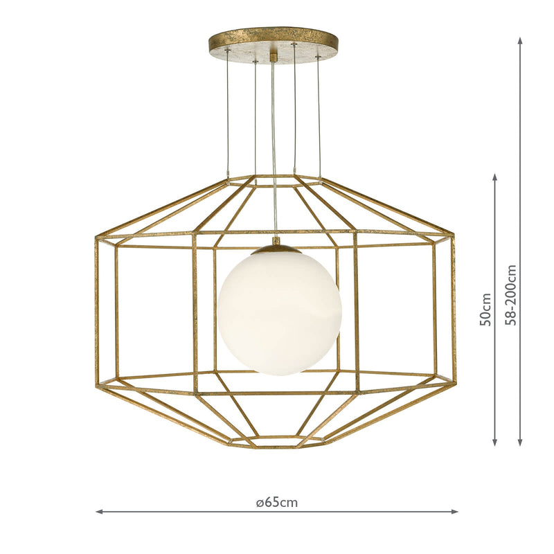 Dar Lighting Izmir 1 Light Pendant Hexagonal Old Gold Frame Opal Glass • IZM0135