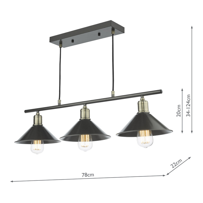Dar Lighting Jalen 3 Light Bar Pendant Graphite Antique Brass • JAL0361
