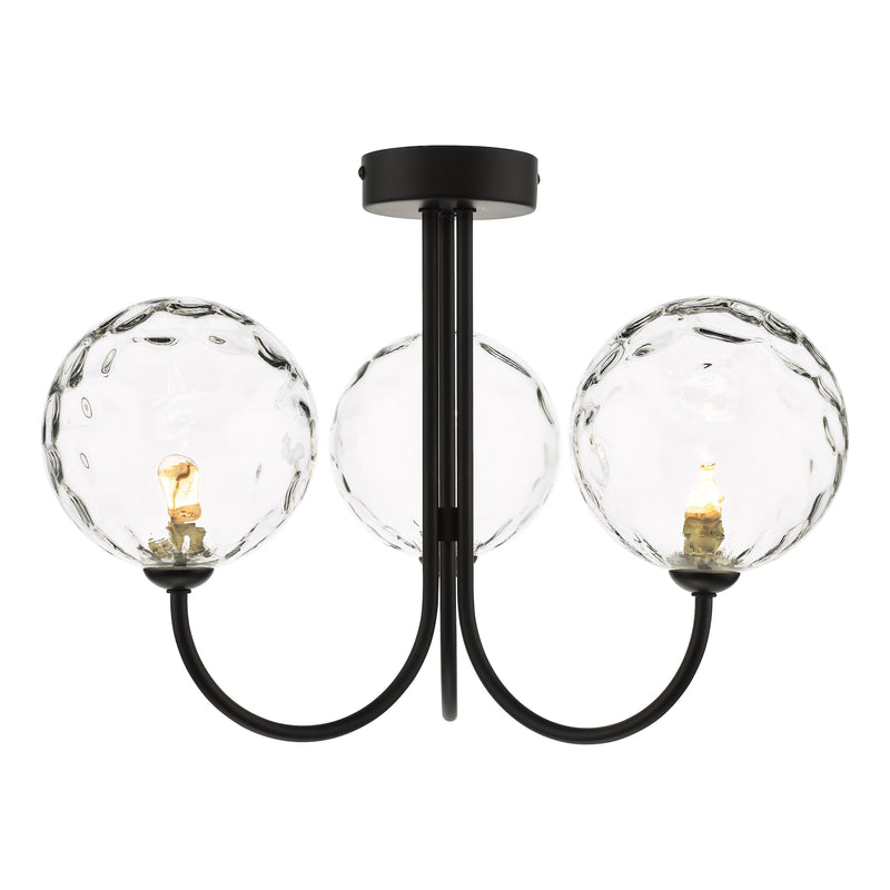 Dar Lighting Jared 3 Light Semi Flush Matt Black Clear Dimpled 150mm Glass • JAR0322-12