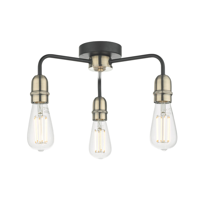 Dar Lighting Kiefer 3 Light Flush Black & Antique Brass • KIE5322